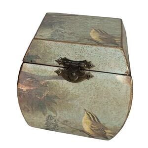 Vintage Wood Trinket Box Song Bird Print Distressed Dresser Keepsake Hinged Lid